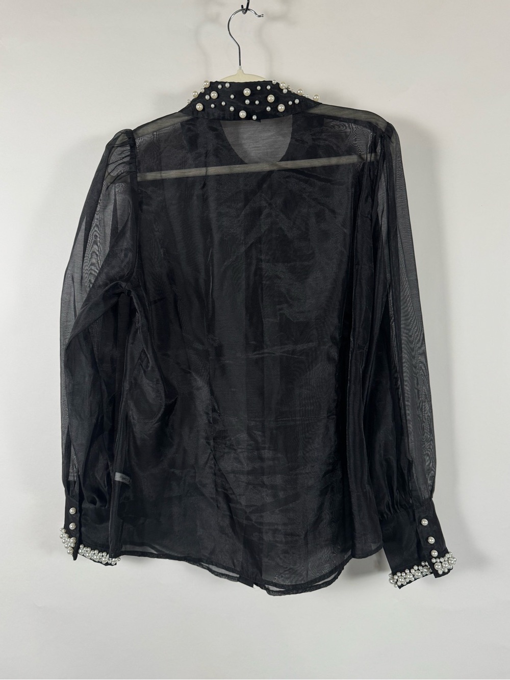 Boston Proper Black Sheer Pearl Embellished Button Down Blouse LG Goth Romantic - Picture 6 of 13